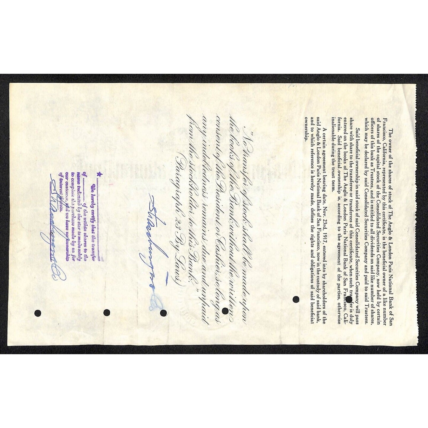 Anglo & London Paris National Bank of San Francisco 1928 Stock Certificate #7329