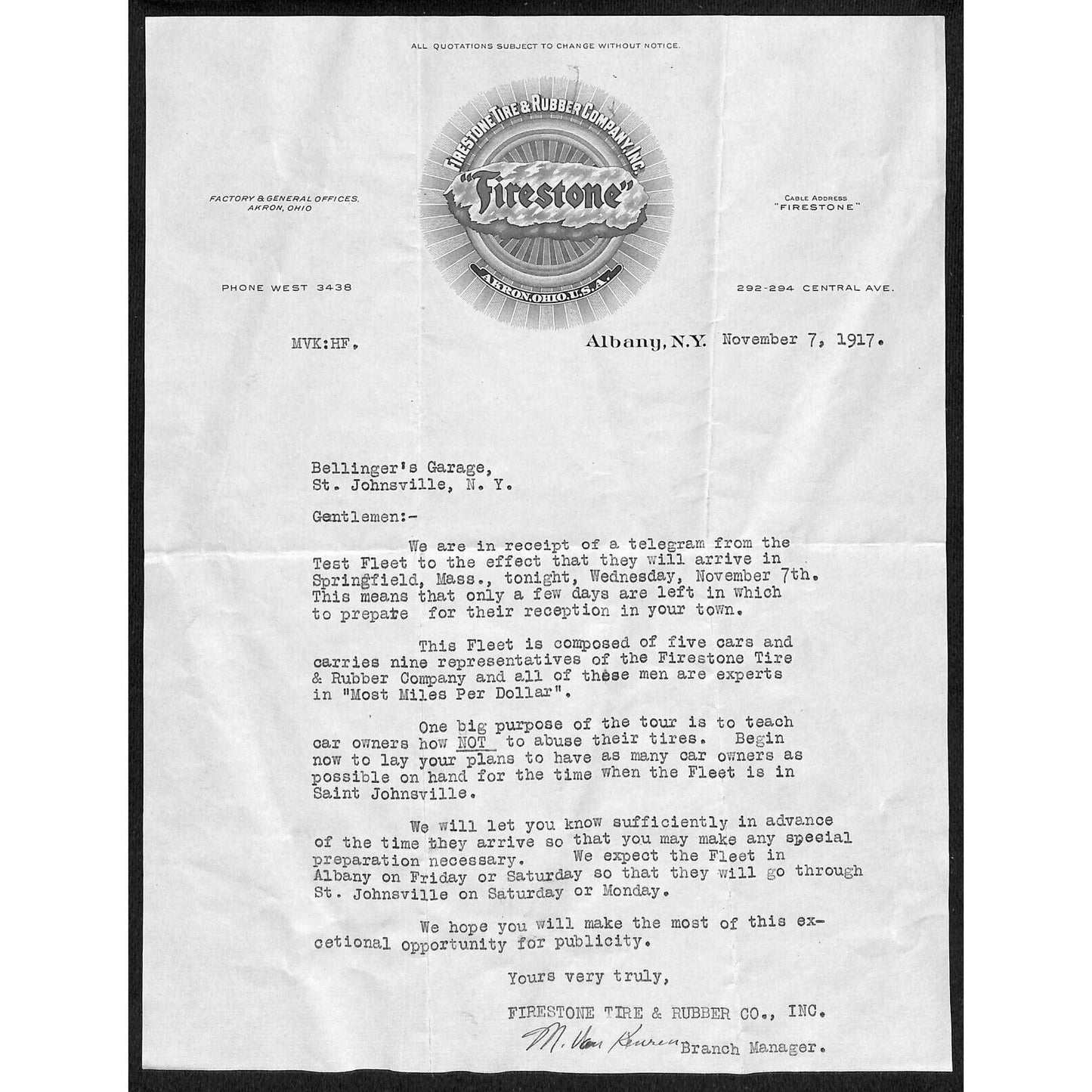 Firestone Tires & Rubber Co. Albany, NY 1917 TLS Letterhead re: Test Fleet
