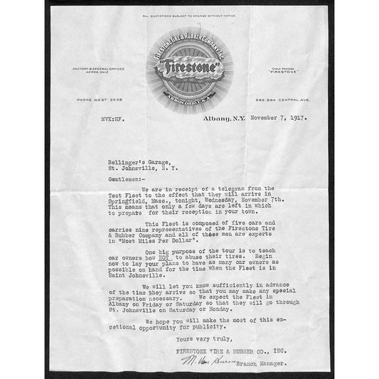 Firestone Tires & Rubber Co. Albany, NY 1917 TLS Letterhead re: Test Fleet