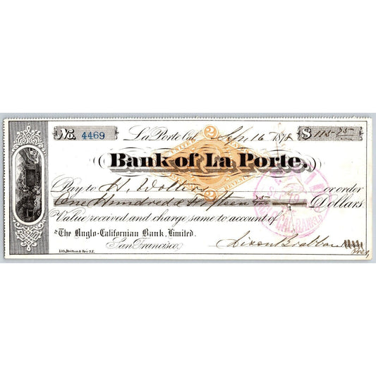 Bank of La Porte Check Wolters 1878 Mining Vignette RN-G1 Rev Stamp 4469
