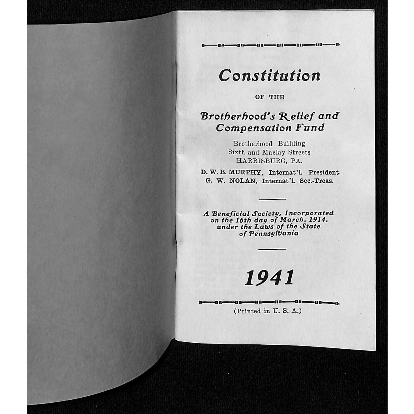 1941 Brotherhood's Relief and Compensation Fund BRCF Railroad Booklet 57pp VGC