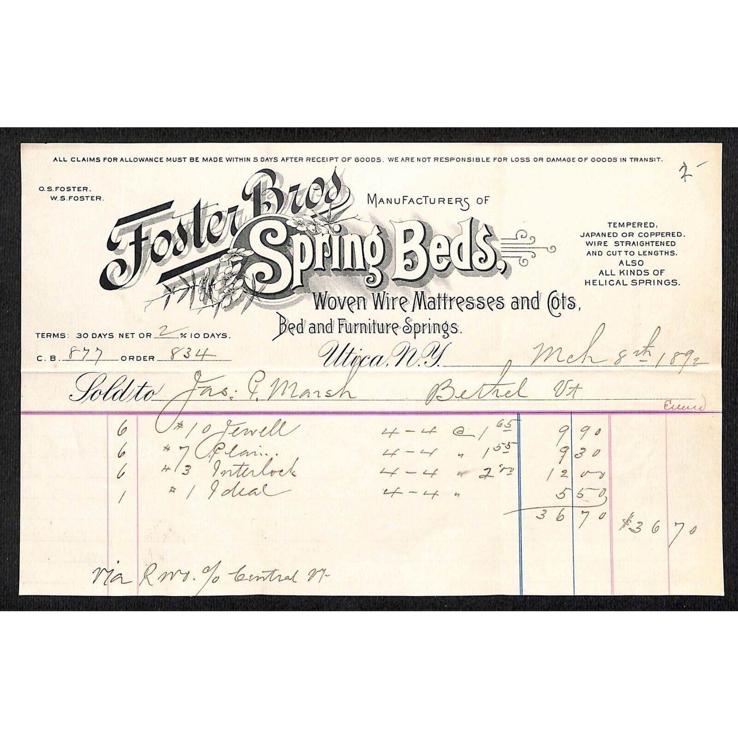 Foster Bros. Spring Beds Utica, NY Woven Wire Mattresses & Cots 1892 Billhead