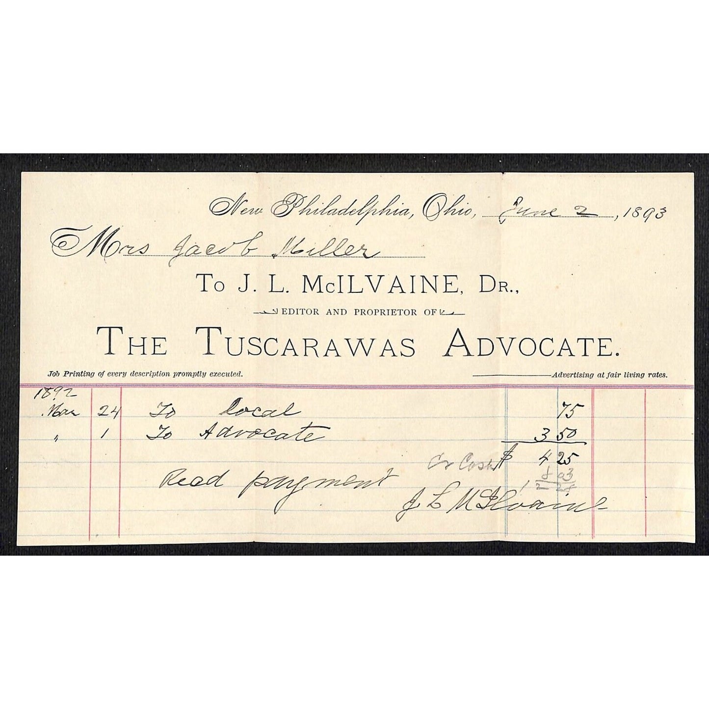 J.L. McIlvaine "The Tuscarawas Advocate" New Philadelphia, OH 1891 Billhead