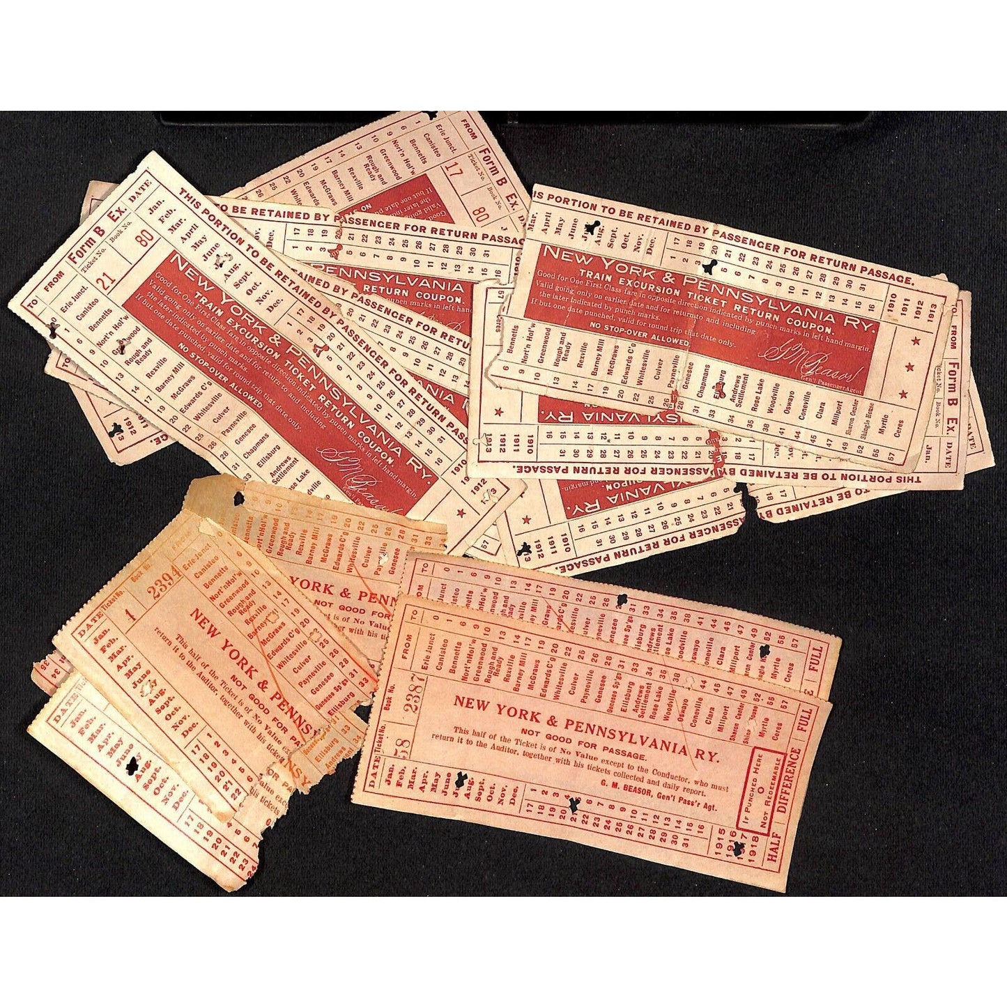 Group of 10 mostly 1913 New York & Pennsylvania Railroad NYP Ticket Stubs Scarce
