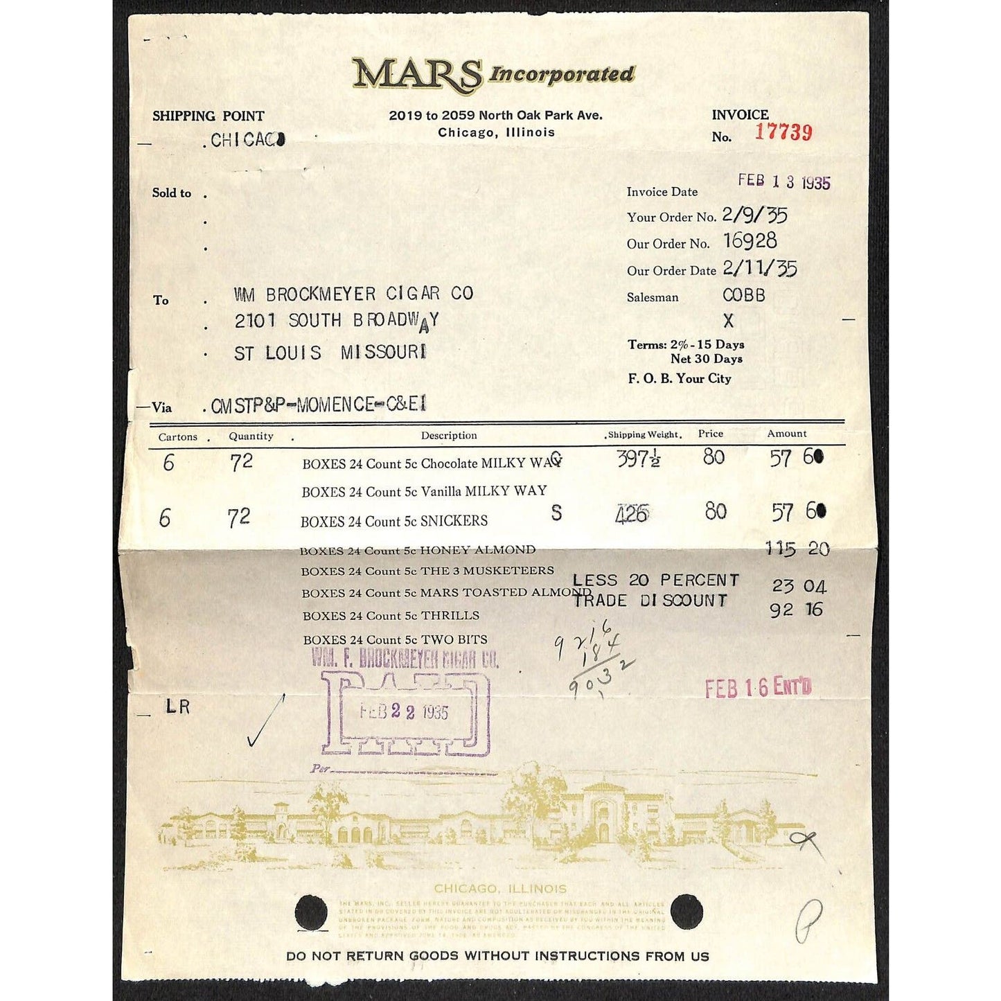 Chicago Mars Incorporated Milky Way Snickers Candy Bars 2/13 1935 Billhead