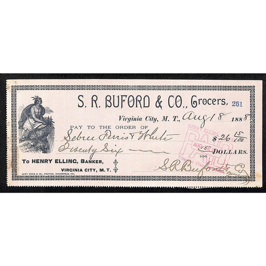 1888 Henry Elling Virginia City Montana Territory S.R. Buford Grocers Check #251