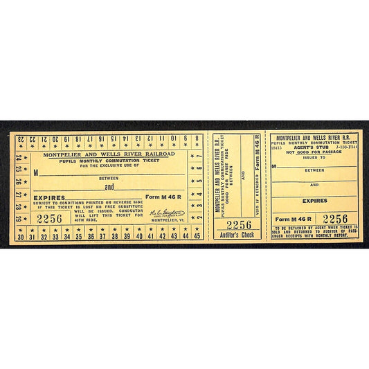 Montpelier and Wells River Railroad c1941 VGC Pupils Monthly Commutation Ticket