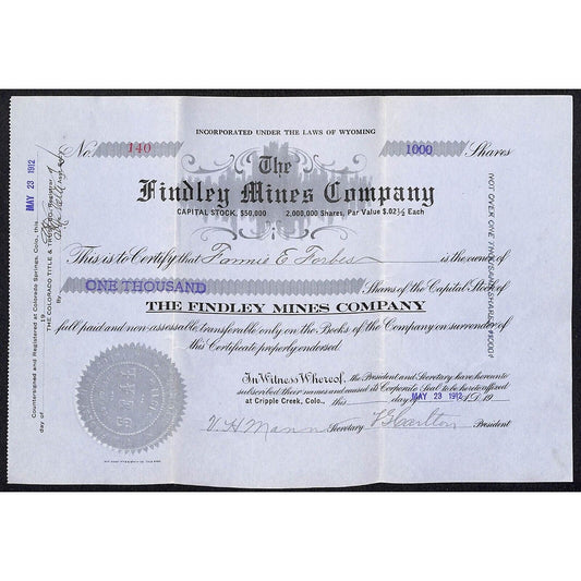 Findley Mines Co. 1912 Cripple Creek Stock Certificate w/ L.G. Carlton Sig. #140