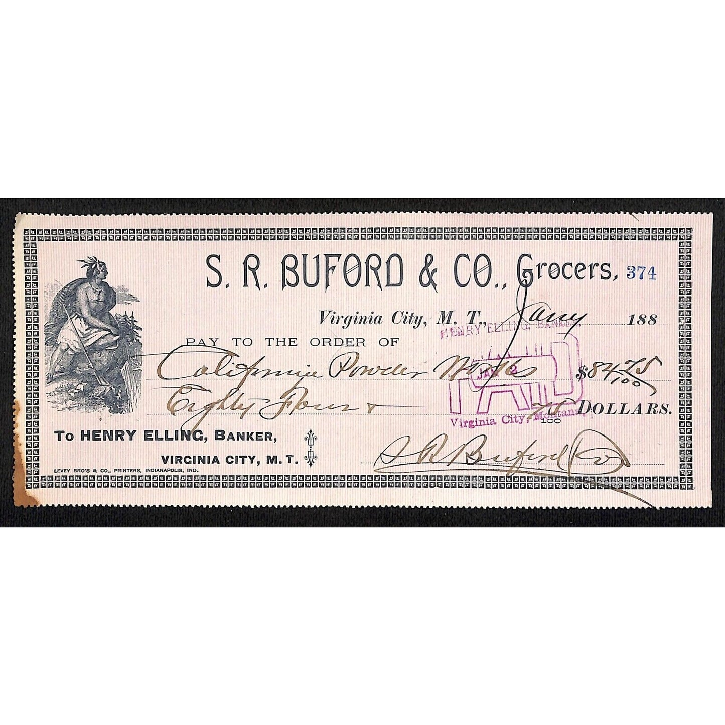 1888 Henry Elling Virginia City Montana Territory S.R. Buford Grocers Check #374