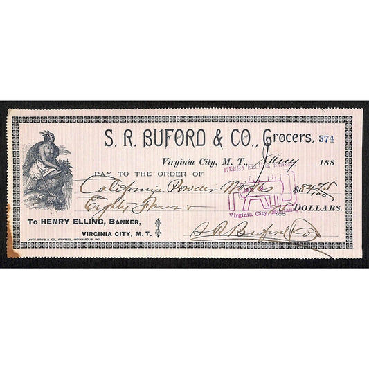 1888 Henry Elling Virginia City Montana Territory S.R. Buford Grocers Check #374