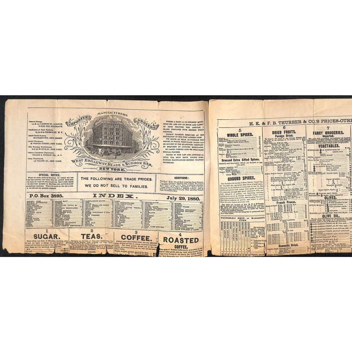 H.K. & F.B. Thurber & Co NYC 1880 Newspaper-Style Whsl. Food Price List TORN*