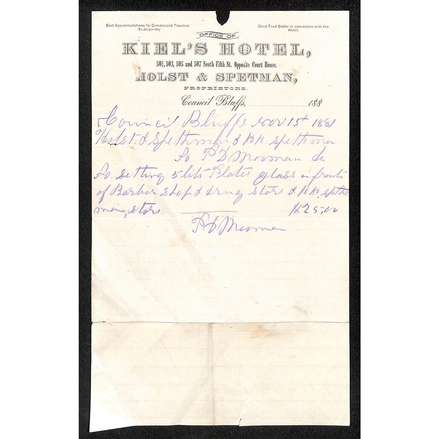 Kiel's Hotel Council Bluffs Letterhead re: Barber Shop & Drug Store Plate Glass