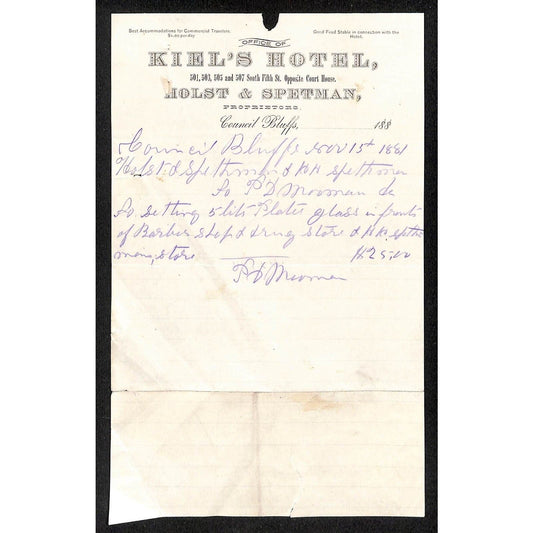 Kiel's Hotel Council Bluffs Letterhead re: Barber Shop & Drug Store Plate Glass