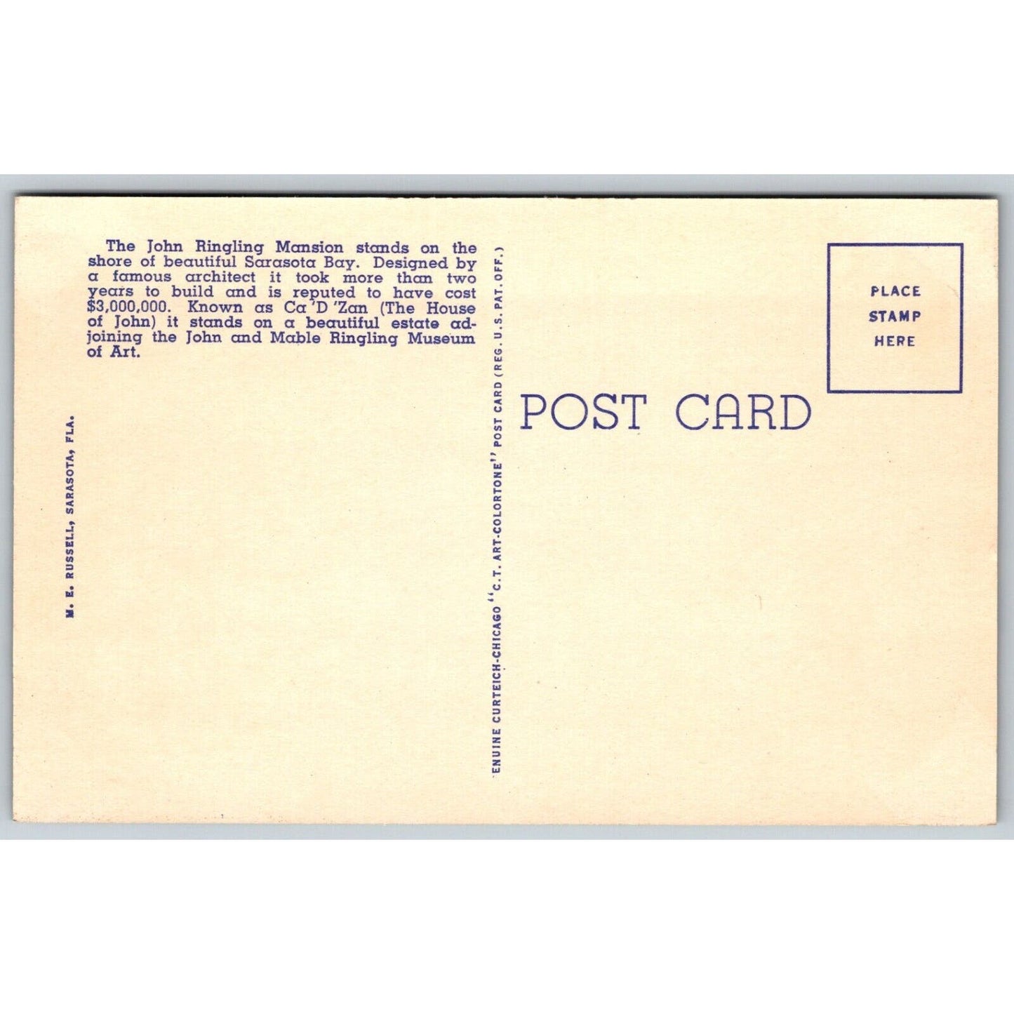 Famous John Ringling Mansion Circus Sarasota Linen Postcard c1935-50 NP VGC