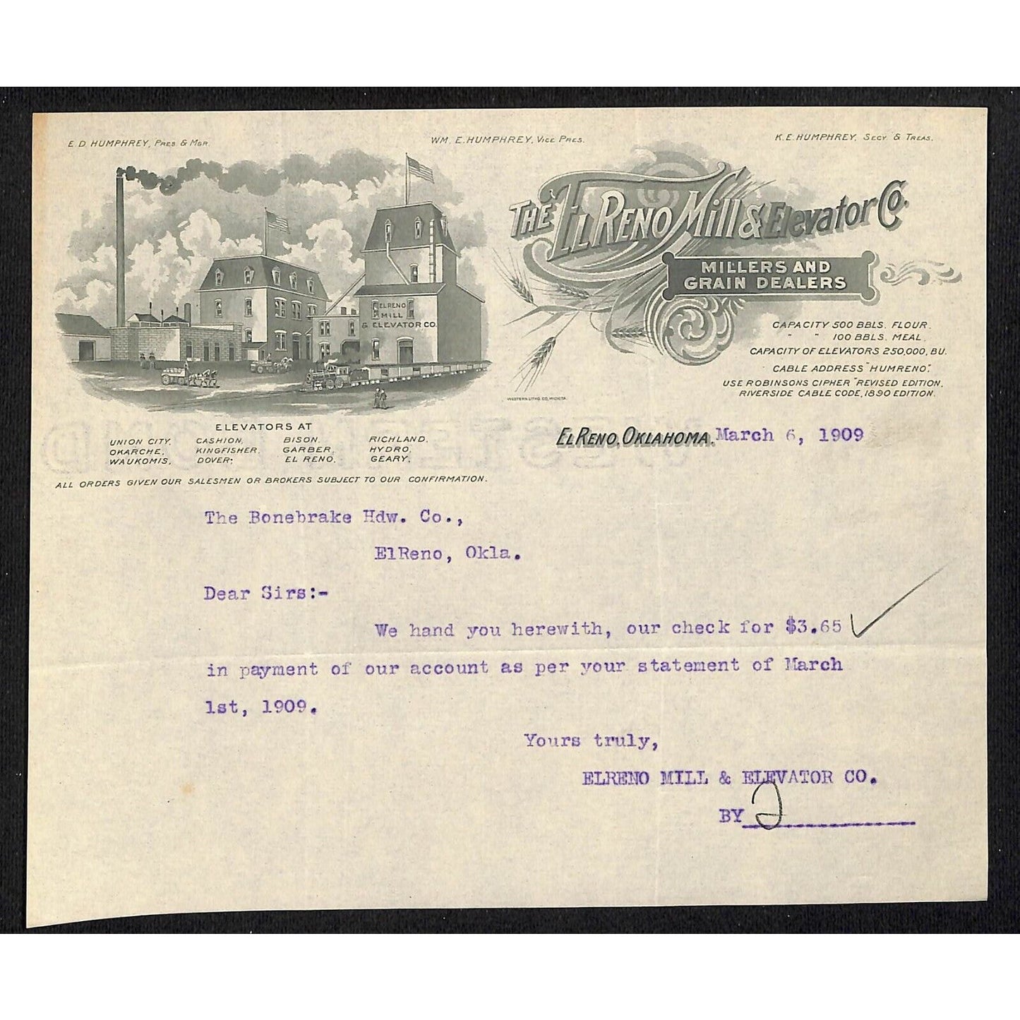 1909 El Reno Mill & Elevator Co. Millers Grain Dealers Letterhead w/ Vignette