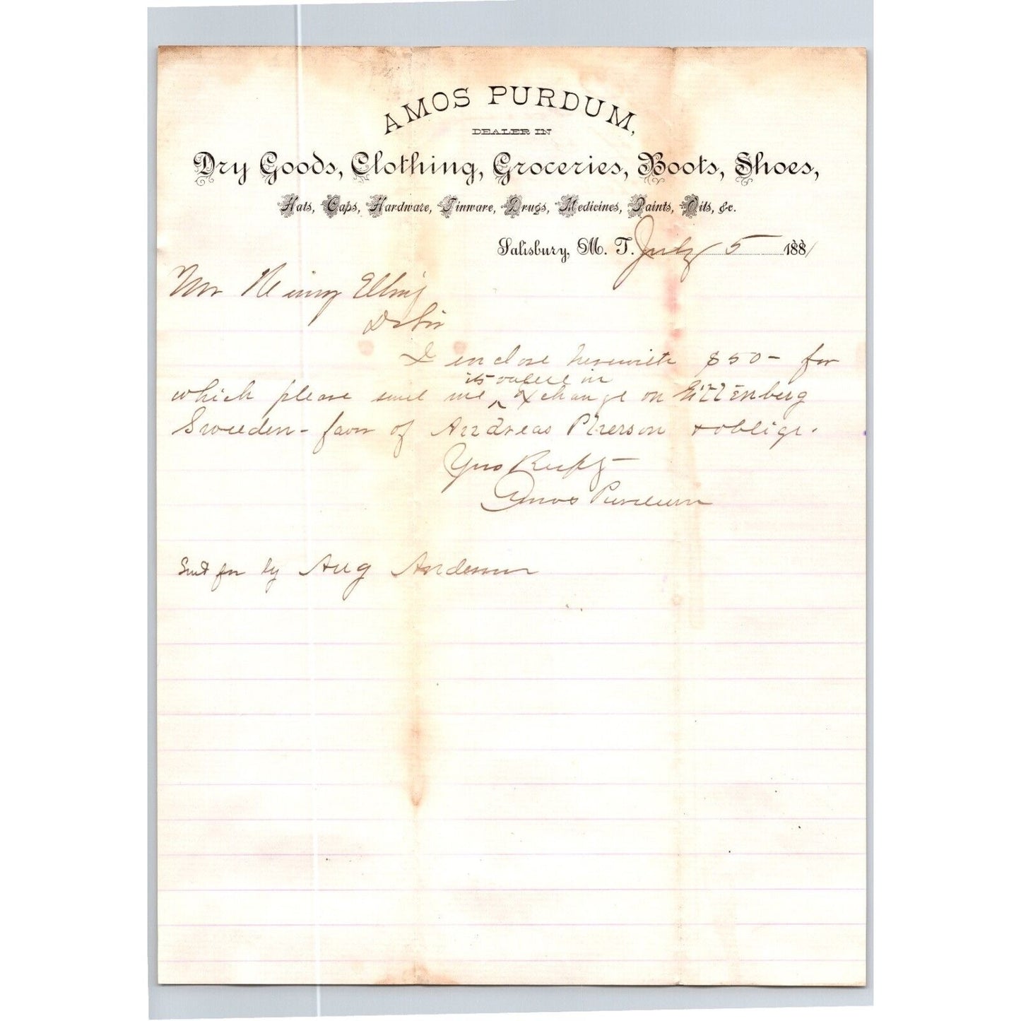 Amos Purdum Hardware Drugs Salisbury MT 1881 ALS Letterhead Henry Elling*