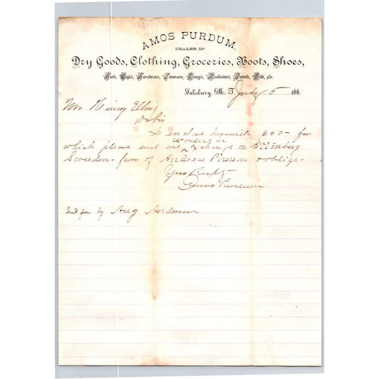 Amos Purdum Hardware Drugs Salisbury MT 1881 ALS Letterhead Henry Elling*