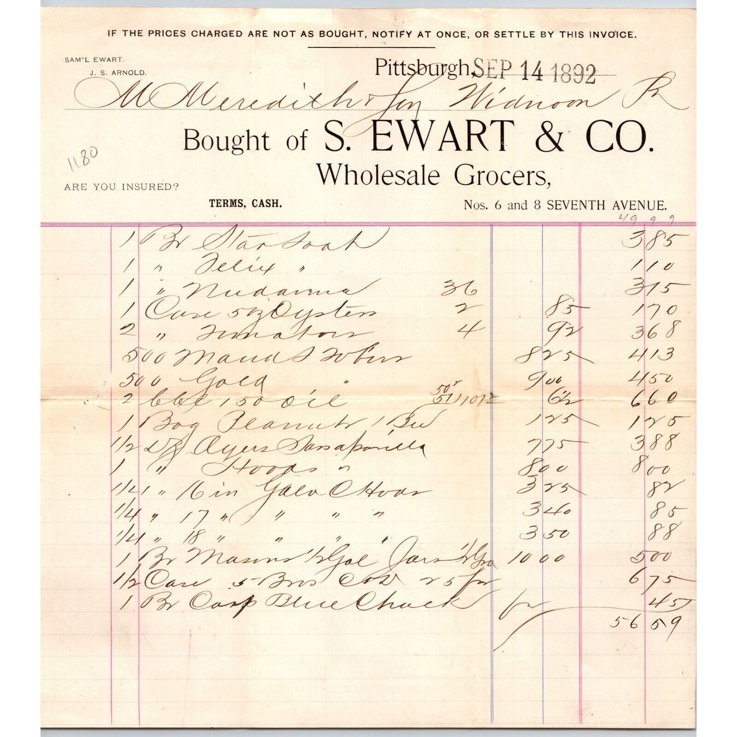 S. Ewart & Co. Grocers Seventh Ave. Pittsburgh 1892 Billhead VGC Scarce