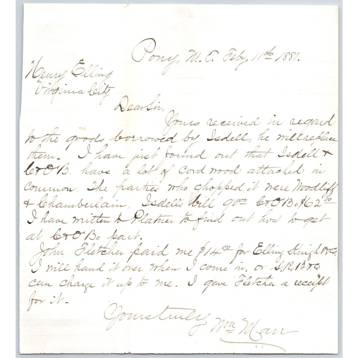 1881 ALS William Marr Pony, MT to Henry Elling* Virginia City, MT Borrowed Goods