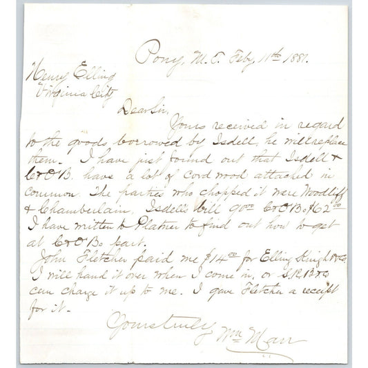 1881 ALS William Marr Pony, MT to Henry Elling* Virginia City, MT Borrowed Goods