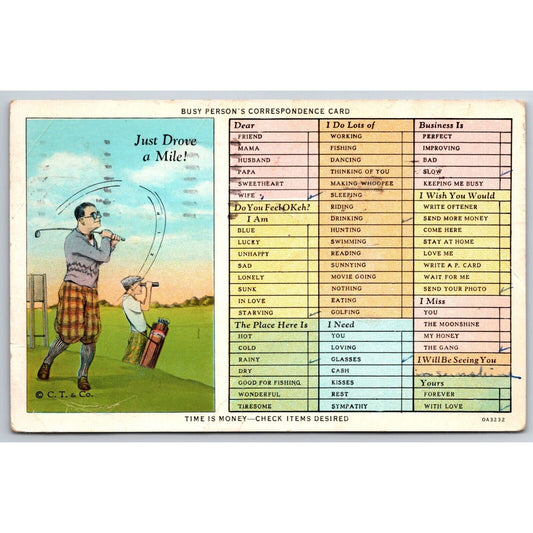 Funny Golf Themed "Busy Person's Correspondence Card" Postcard PM 1931