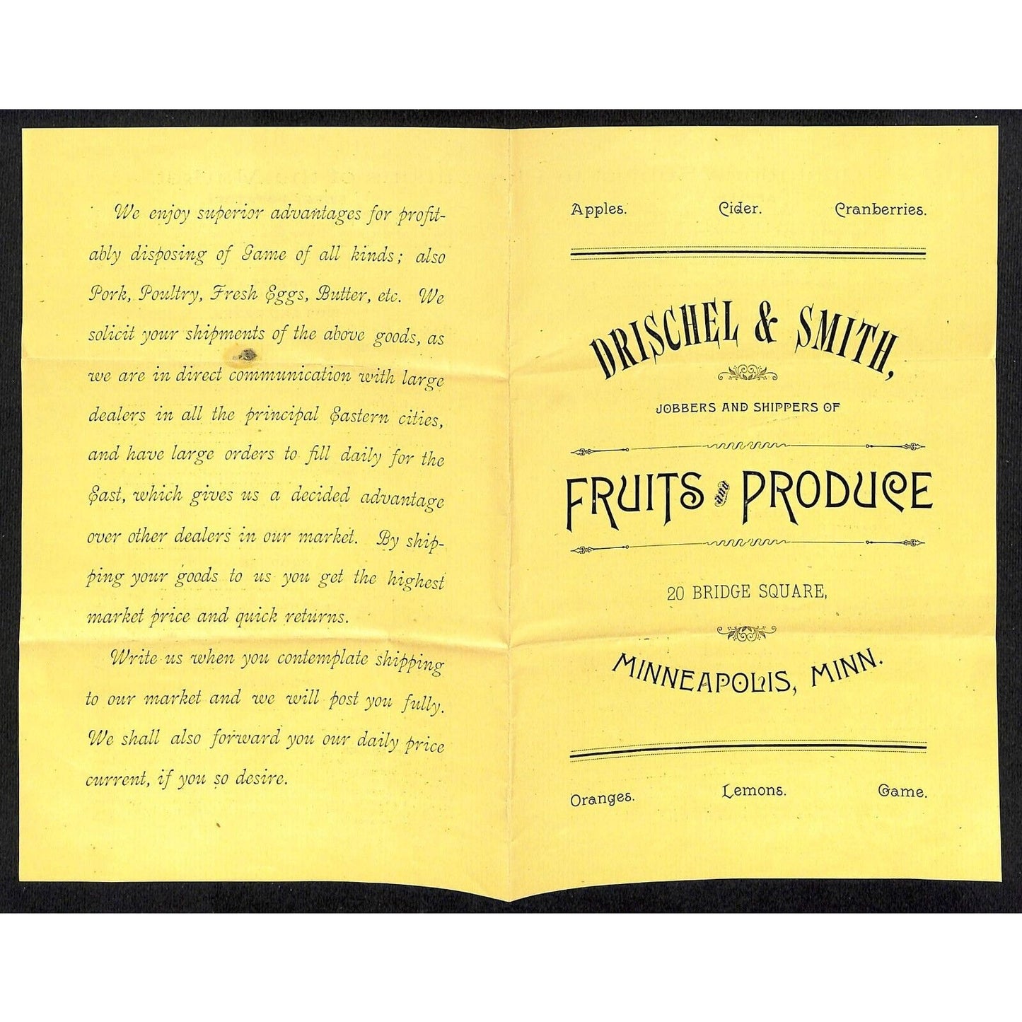 Drischel & Smith Fruits Produce Minneapolis c1886 Price Sheet VGC Scarce