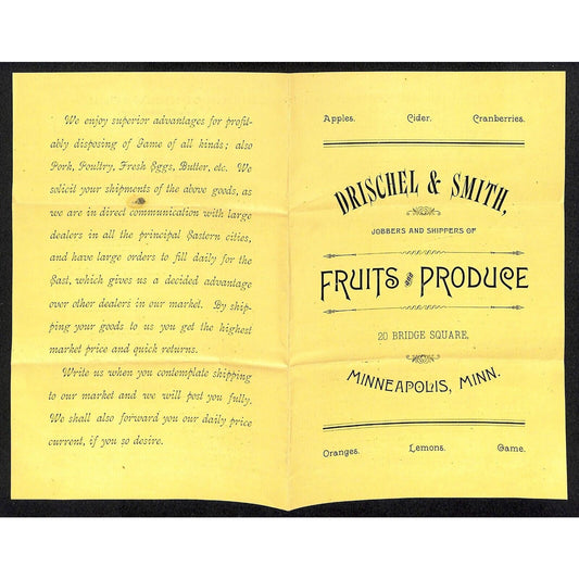 Drischel & Smith Fruits Produce Minneapolis c1886 Price Sheet VGC Scarce