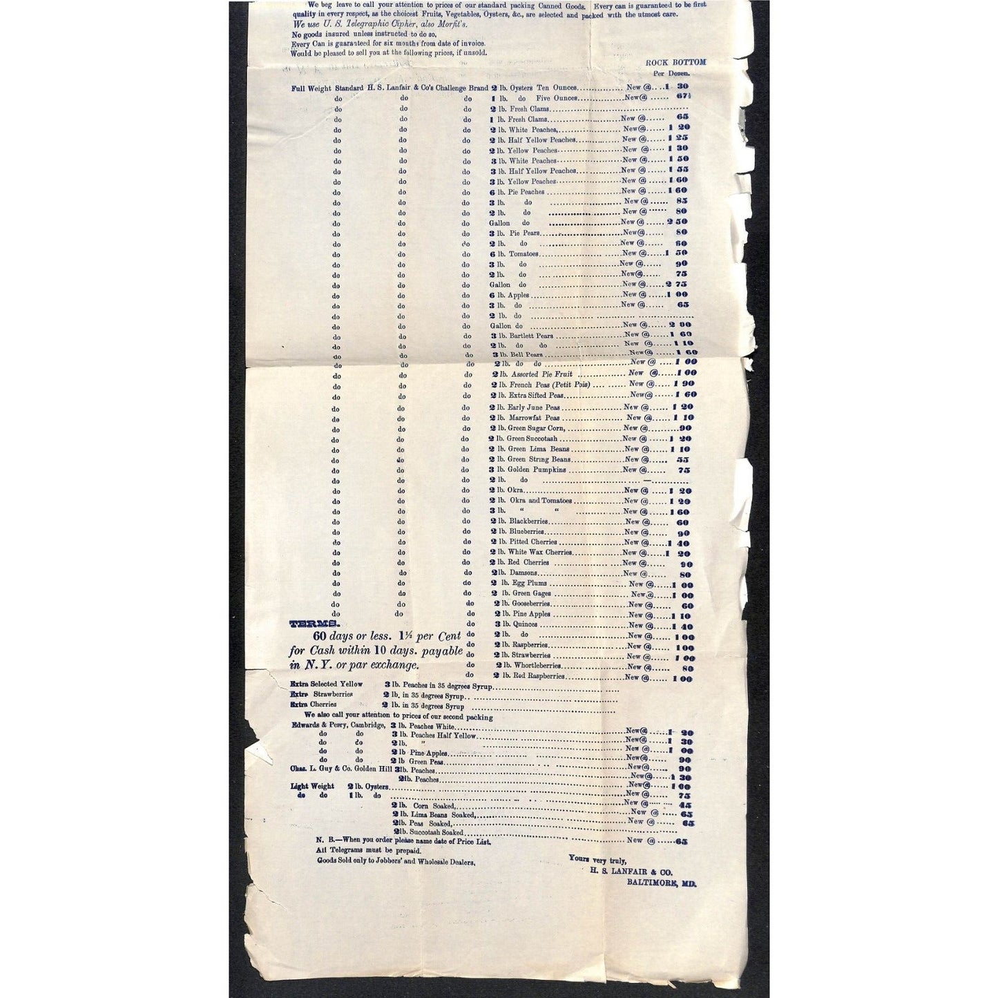 H.S. Lanfair & Co Baltimore Oyster & Fruit Packers 1886 Scarce Whsle Price Sheet