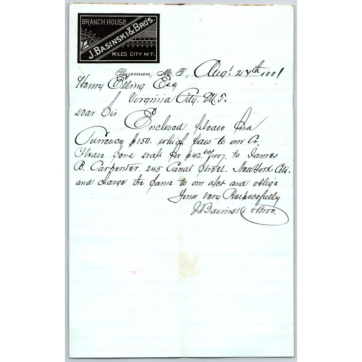 J. Basinski & Bros. Bozeman, MT (Dry Goods) 8/27 1881 Letterhead Henry Elling*