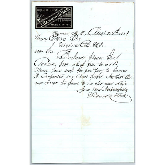 J. Basinski & Bros. Bozeman, MT (Dry Goods) 8/27 1881 Letterhead Henry Elling*