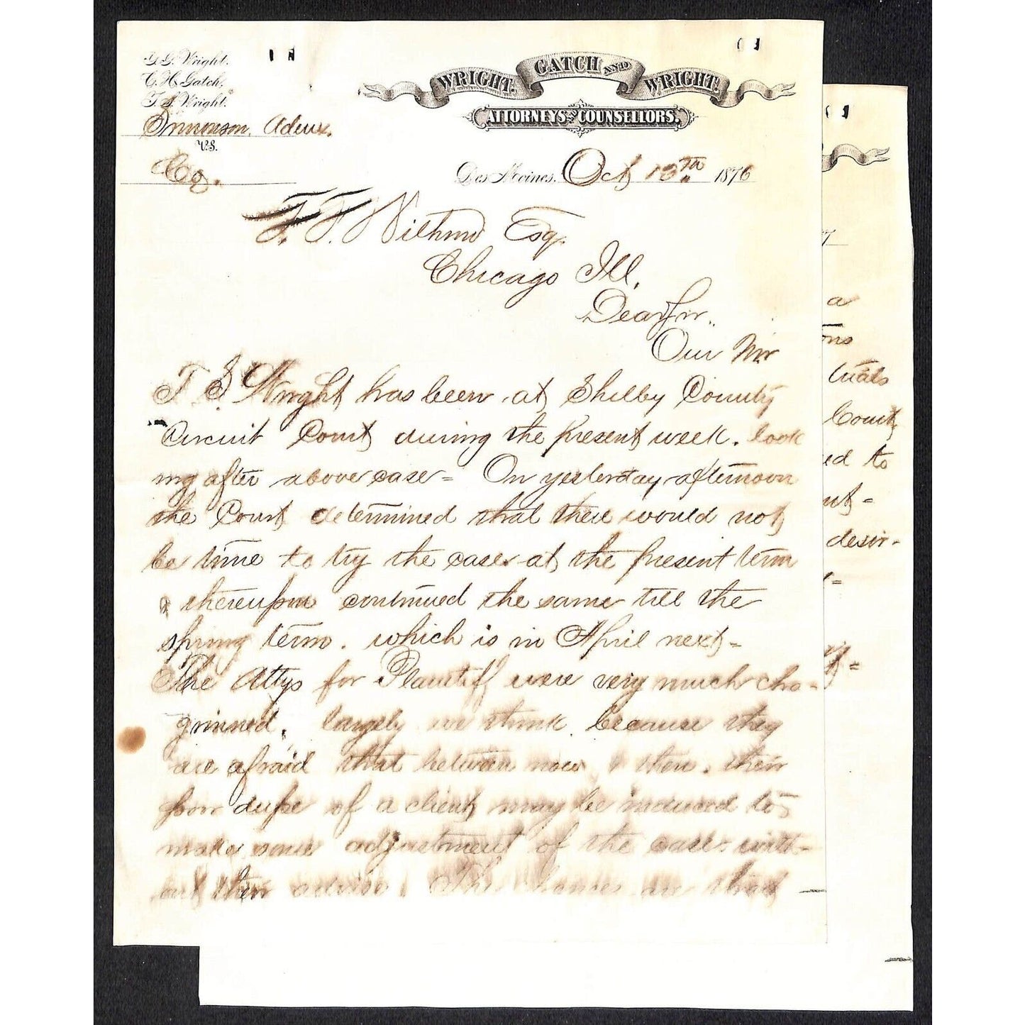 Wright, Gatch and Wright Des Moines Attorneys 1876 2pp CRI&P Letterhead Lawsuit