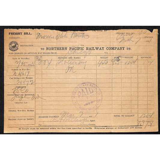Northern Pacific Railway 1911 Freight Receipt for 450 lbs. Stationary Pony, MT
