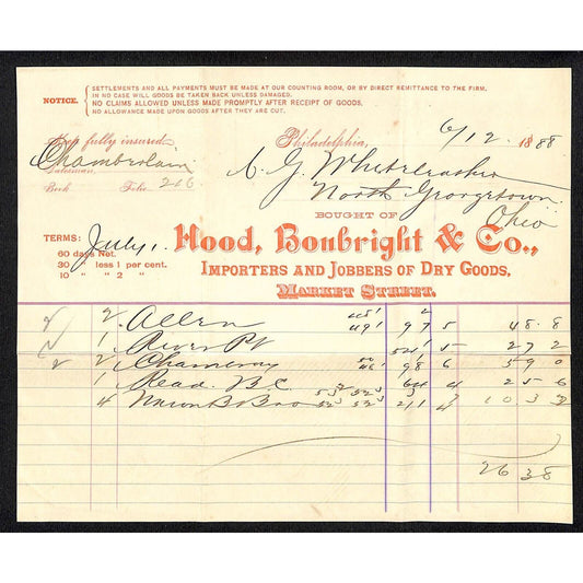 Hood, Bonbright & Co. Dry Goods Phila. Billhead Whiteleather* N. Georgetown , OH