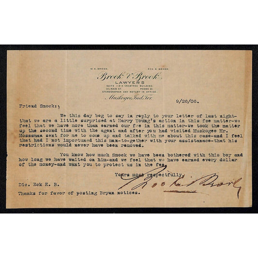1906 Brook & Brook Lawyers Muskogee, OK Indian Territory TLS Letterhead Scarce