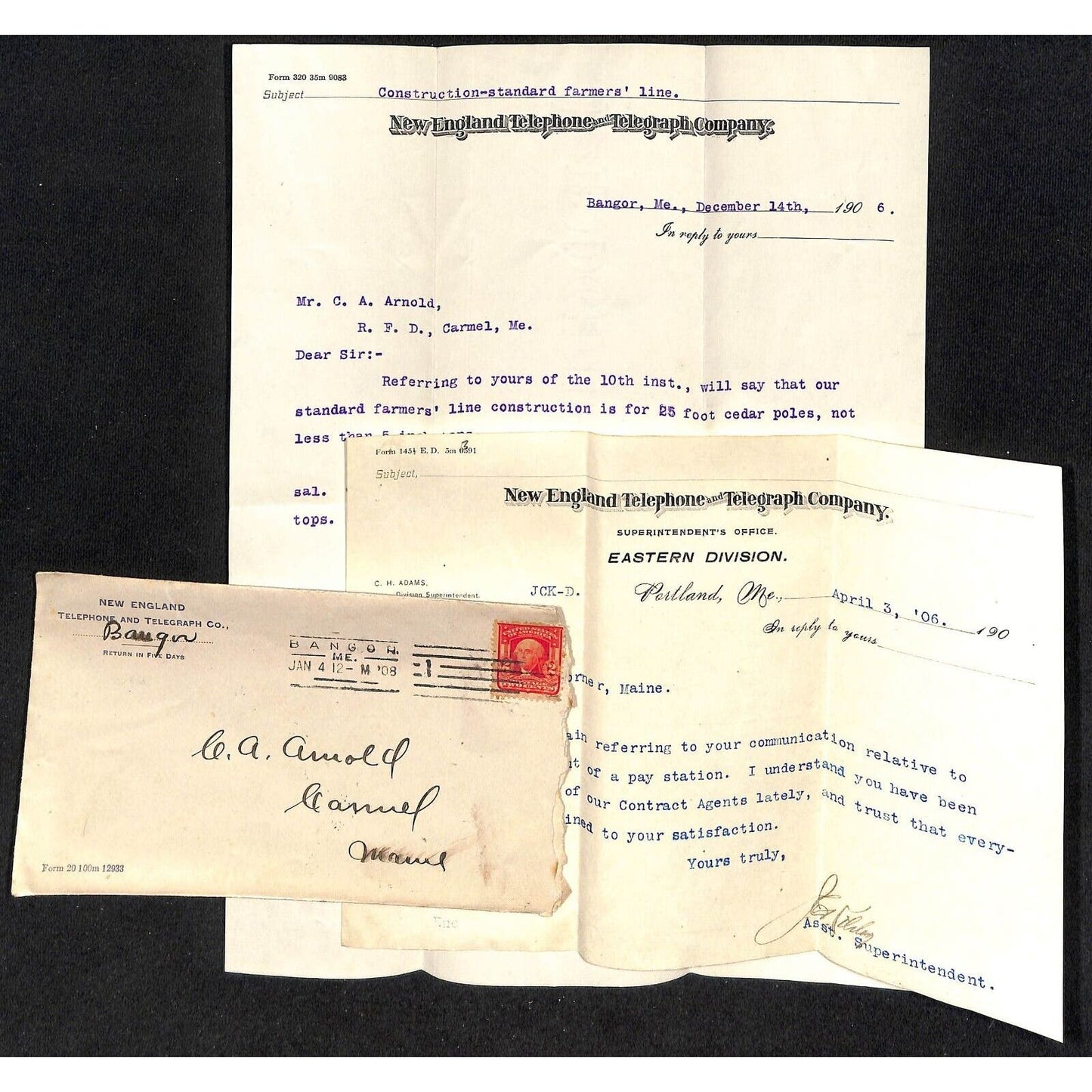 Portland ME New England Telephone and Telegraph Co. 1906 2 Letterheads & Cover