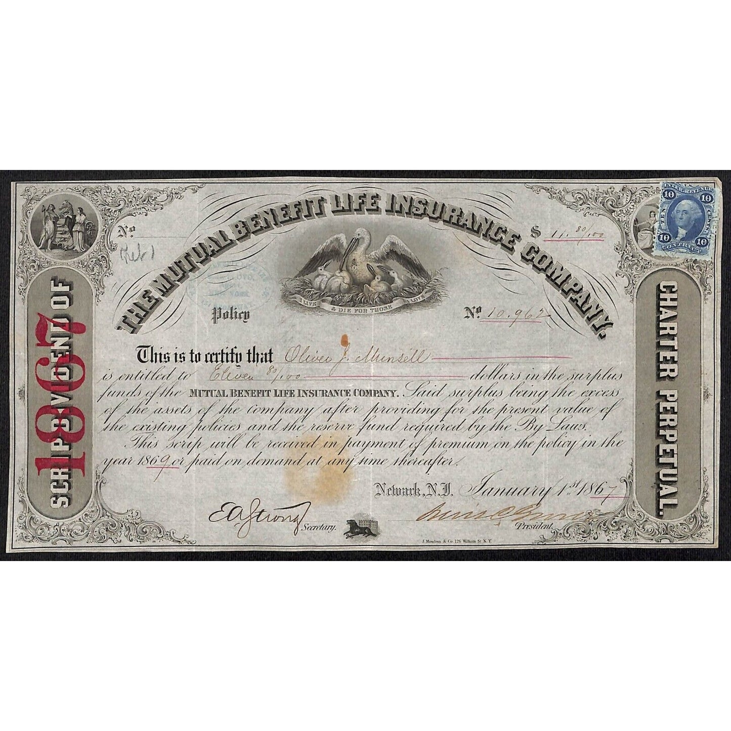 Mutual Benefit Life Insurance Co 1867 Dividend Certificate to Oliver J. Munsell*