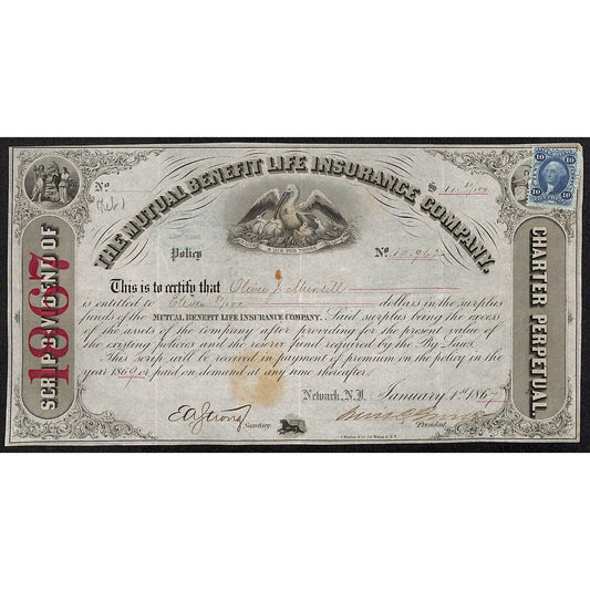 Mutual Benefit Life Insurance Co 1867 Dividend Certificate to Oliver J. Munsell*
