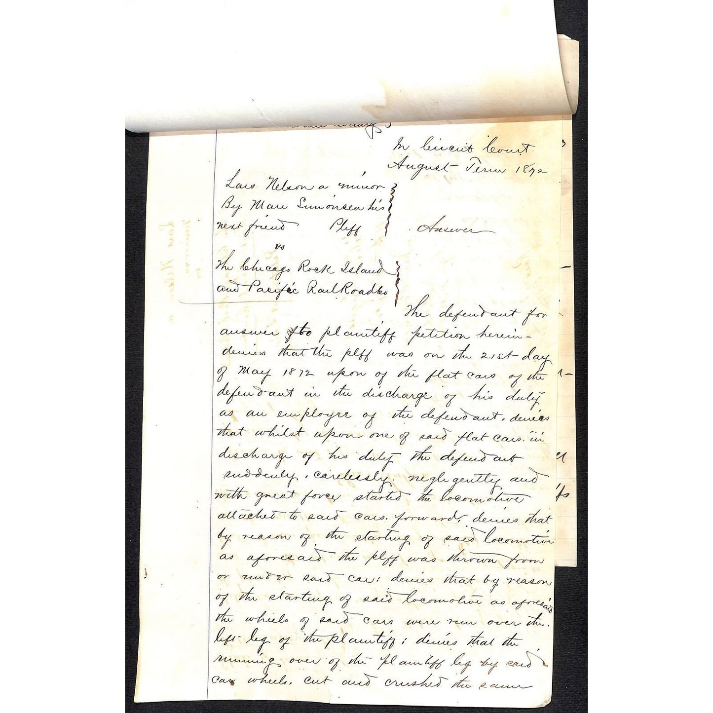 3 1872 1873 ALS Legal Letterheads re: Nelson vs. CRI&P Lawsuit / Case 4pp