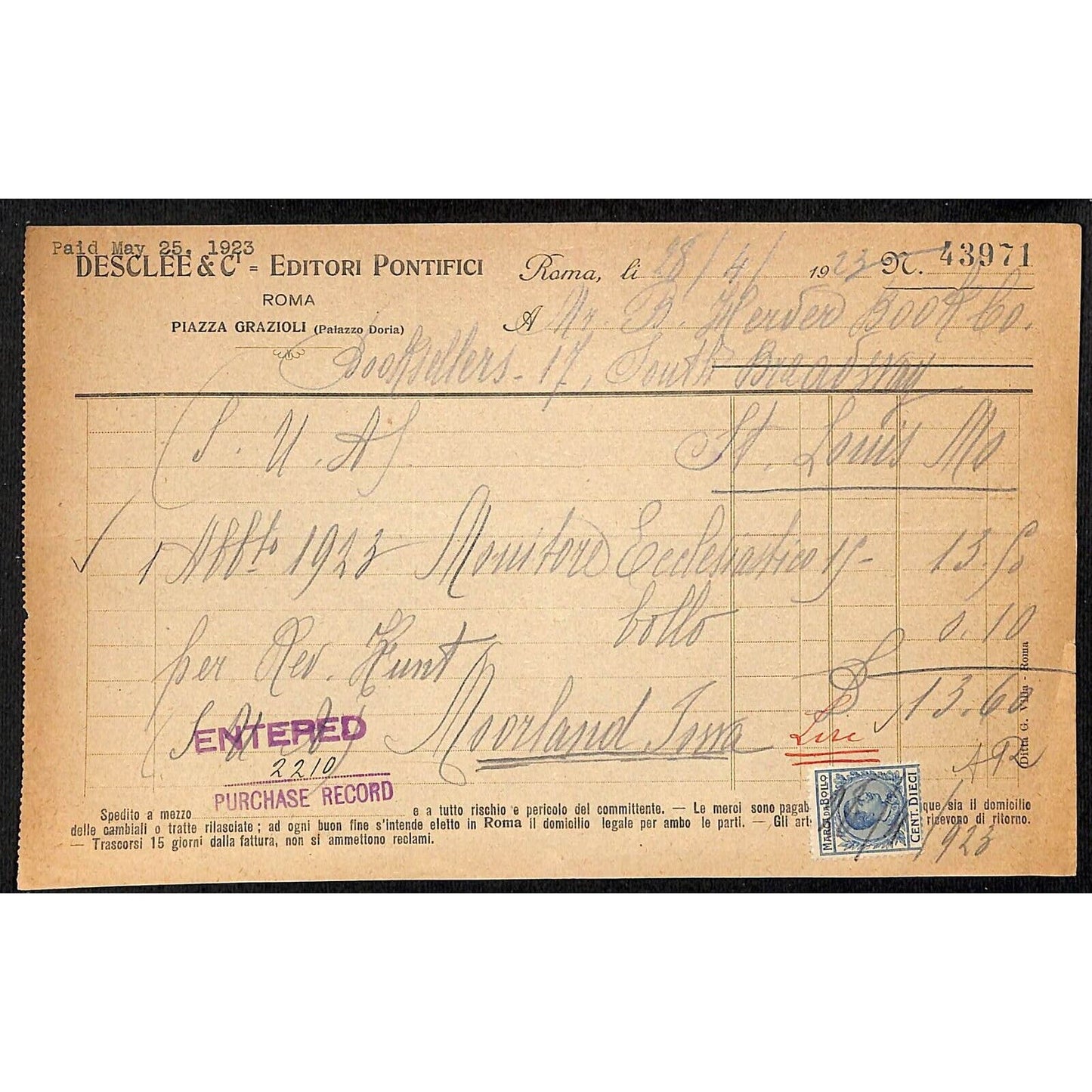 Desclée & Compagnie Rome Pontifical Publishers 4/28 1923 Billhead Tax Stamp