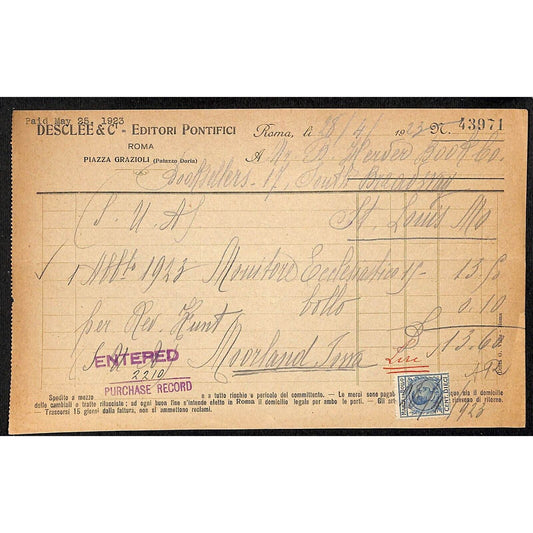 Desclée & Compagnie Rome Pontifical Publishers 4/28 1923 Billhead Tax Stamp