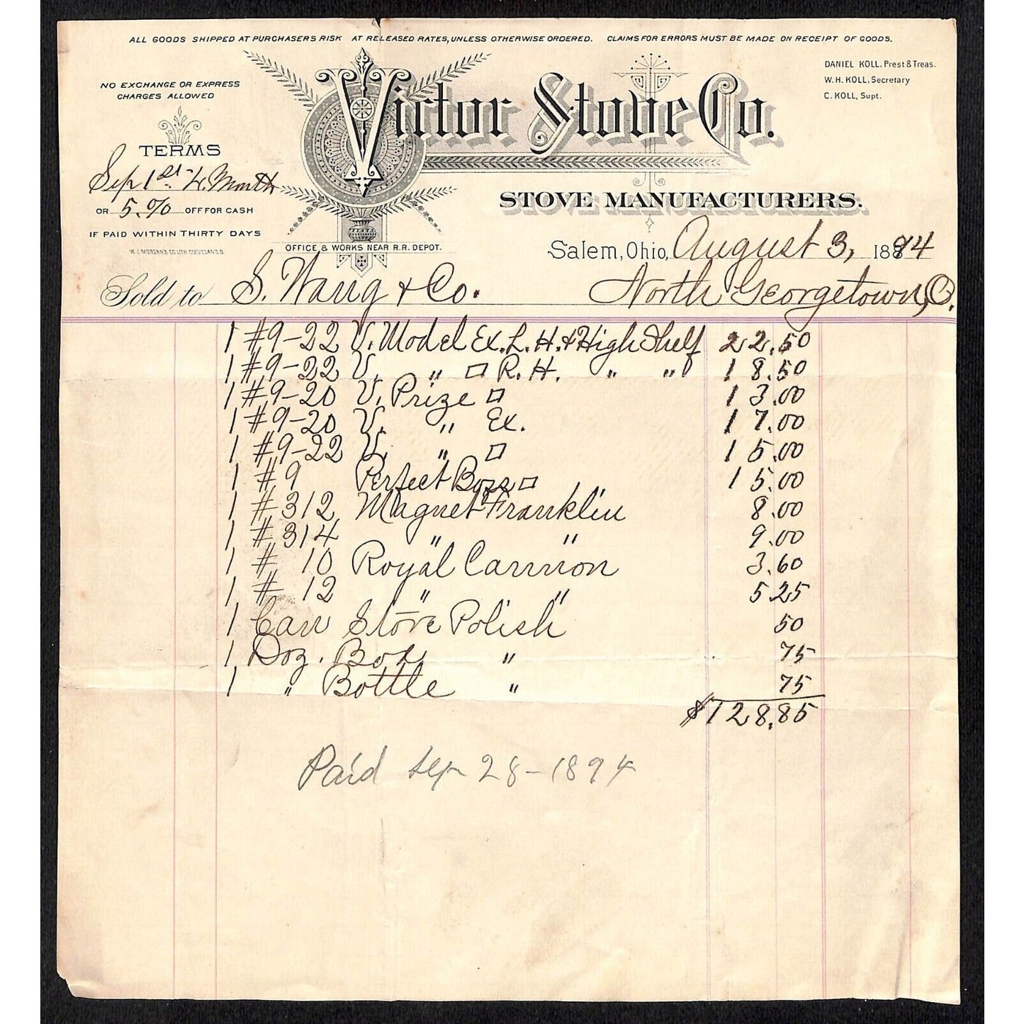 Victor Stove Co. Salem, OH 1894 Billhead Samuel Wang* N. Georgetown OH