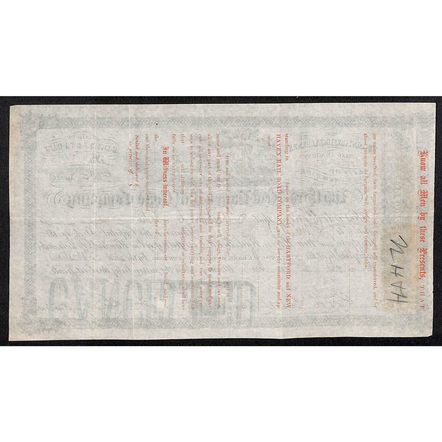 Hartford and New Haven Railroad 1871 ? Stock Certificate #3414 Sebastian C xxx?