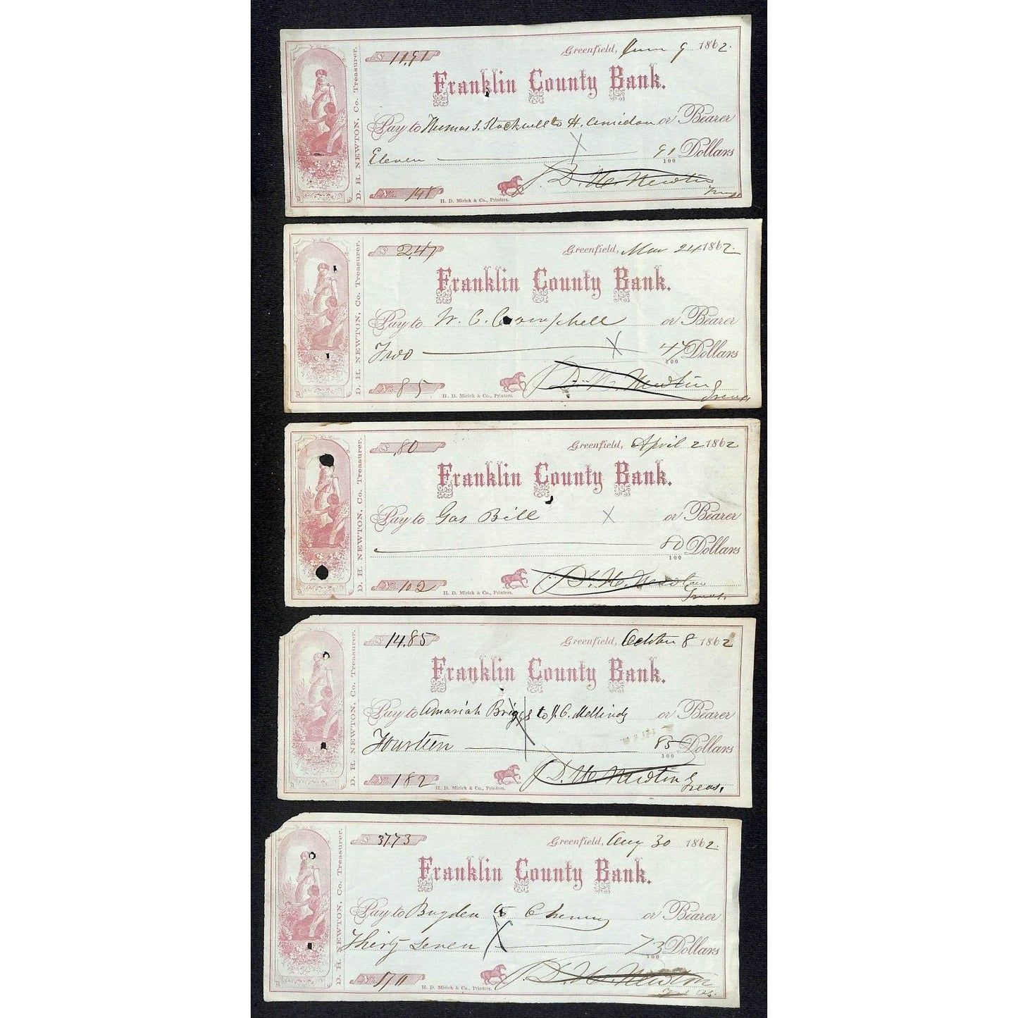 Franklin County Bank Greenfield, MA 1862 Group of 10 Bank Checks D.H. Newton