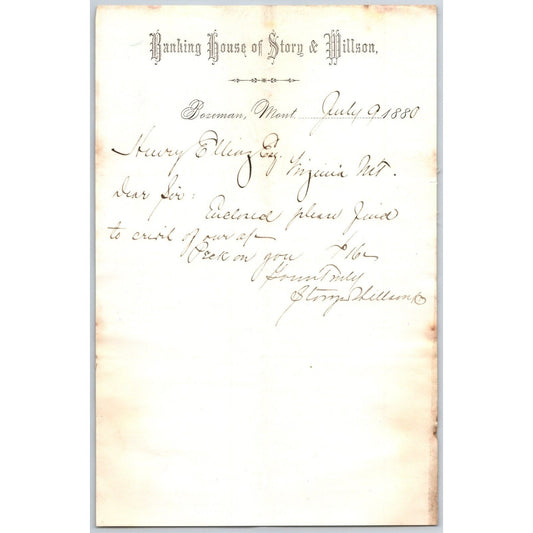 Banking House of Story & Nelson Bozeman, MT 7/9 1880 Letterhead Henry Elling*