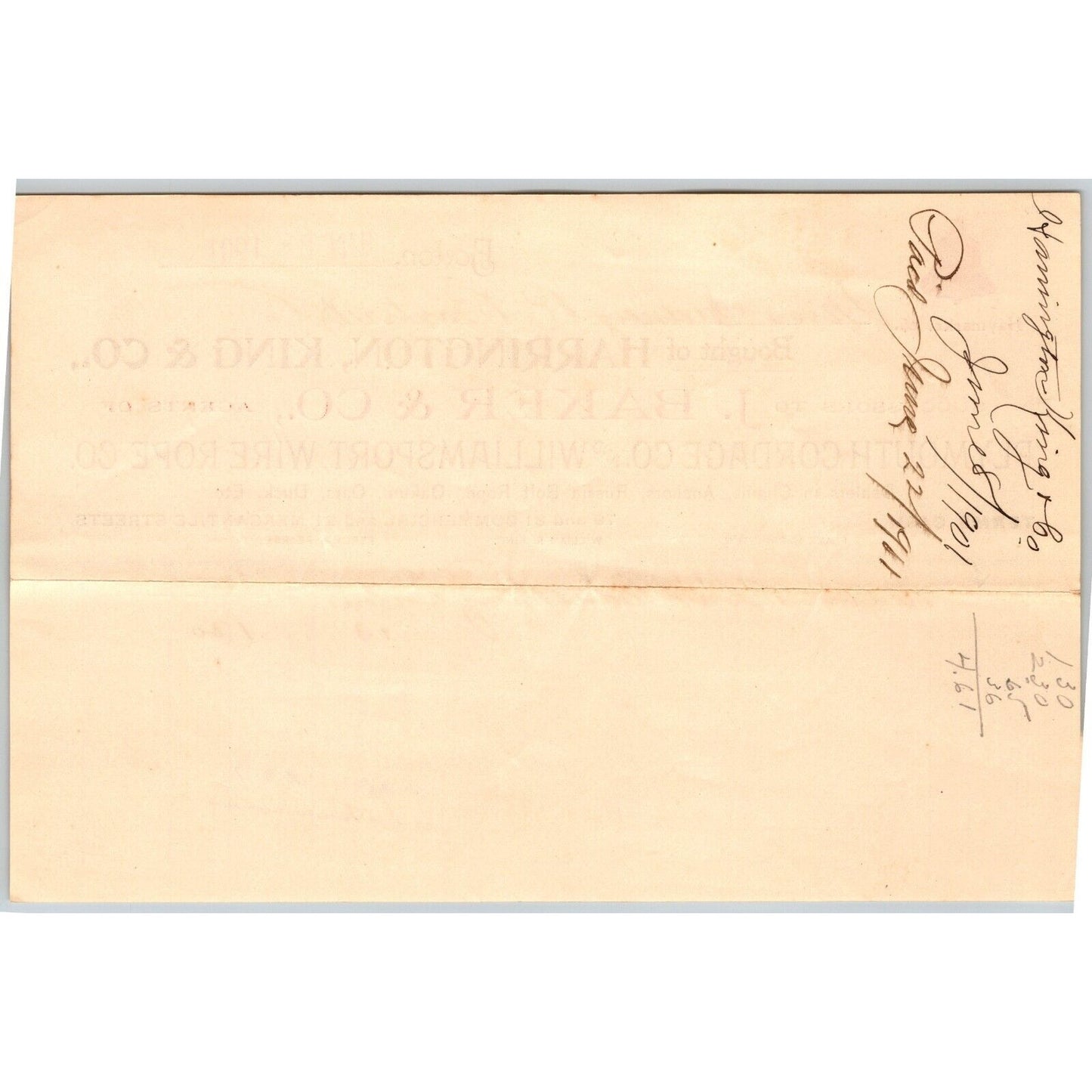 Harrington, King & Co. Plymouth Cordage Boston 1901 Billhead S.R. Baxter