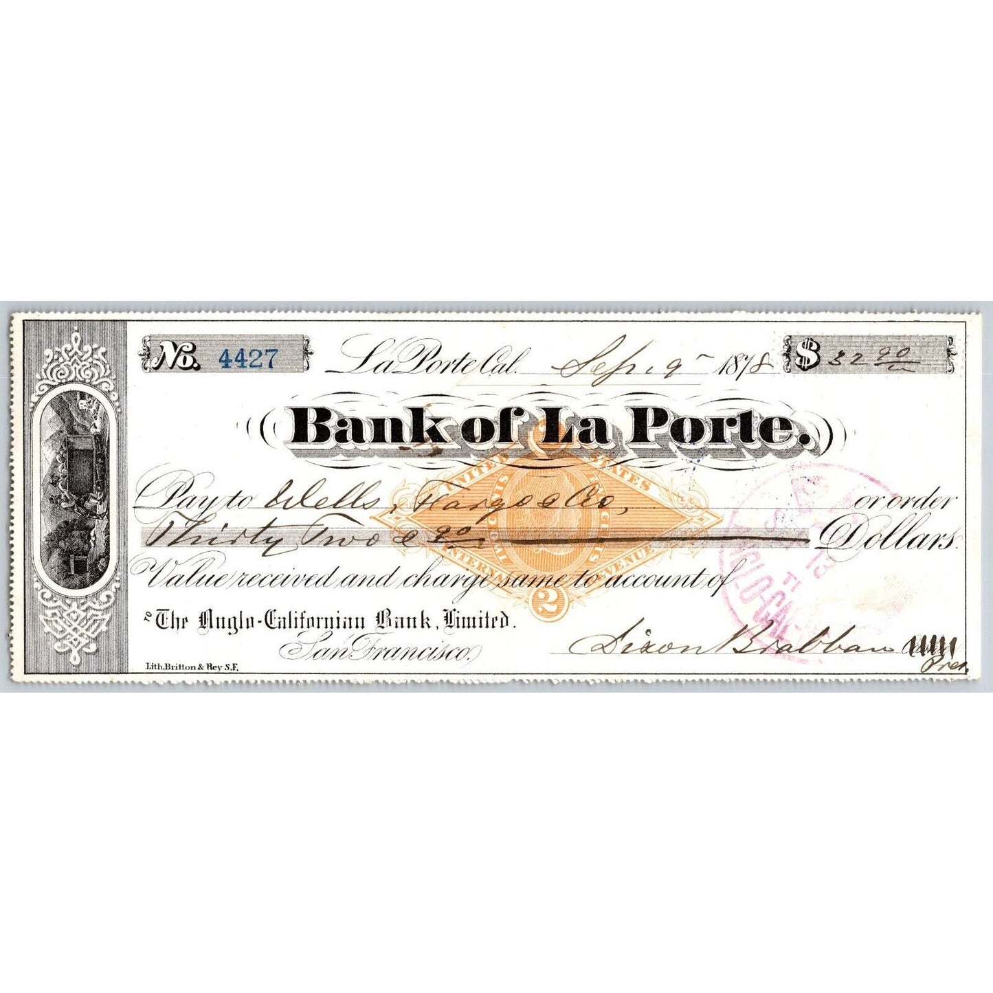 Bank of La Porte Check Wells Fargo 1878 Mining Vignette RN-G1 Rev Stamp #4427