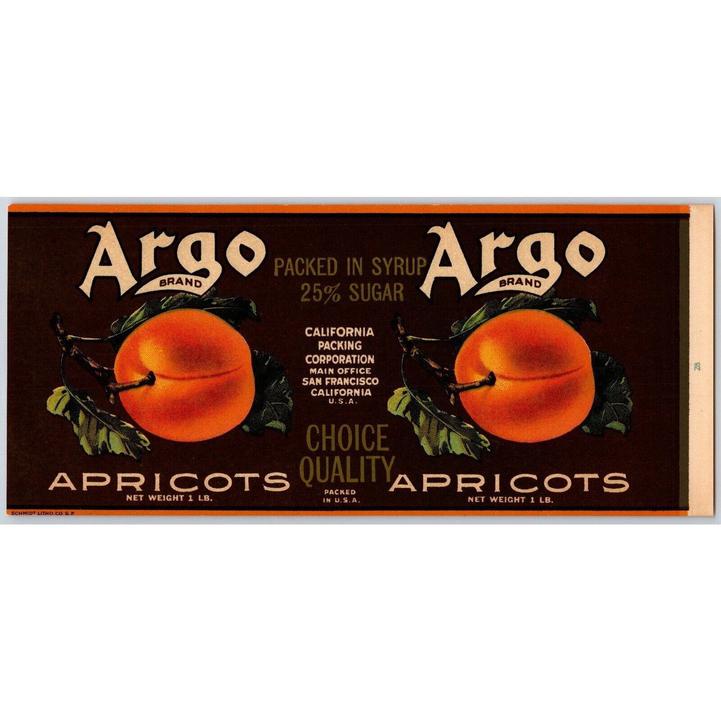 Argo Brand Apricots Paper Can Label California Packing c1925-35 VGC