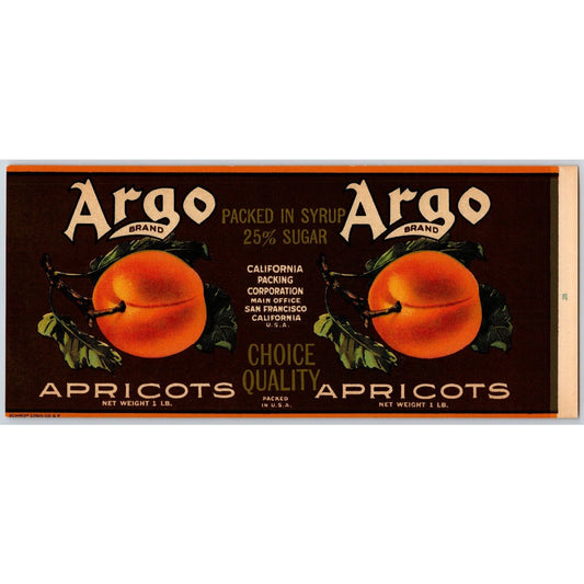 Argo Brand Apricots Paper Can Label California Packing c1925-35 VGC