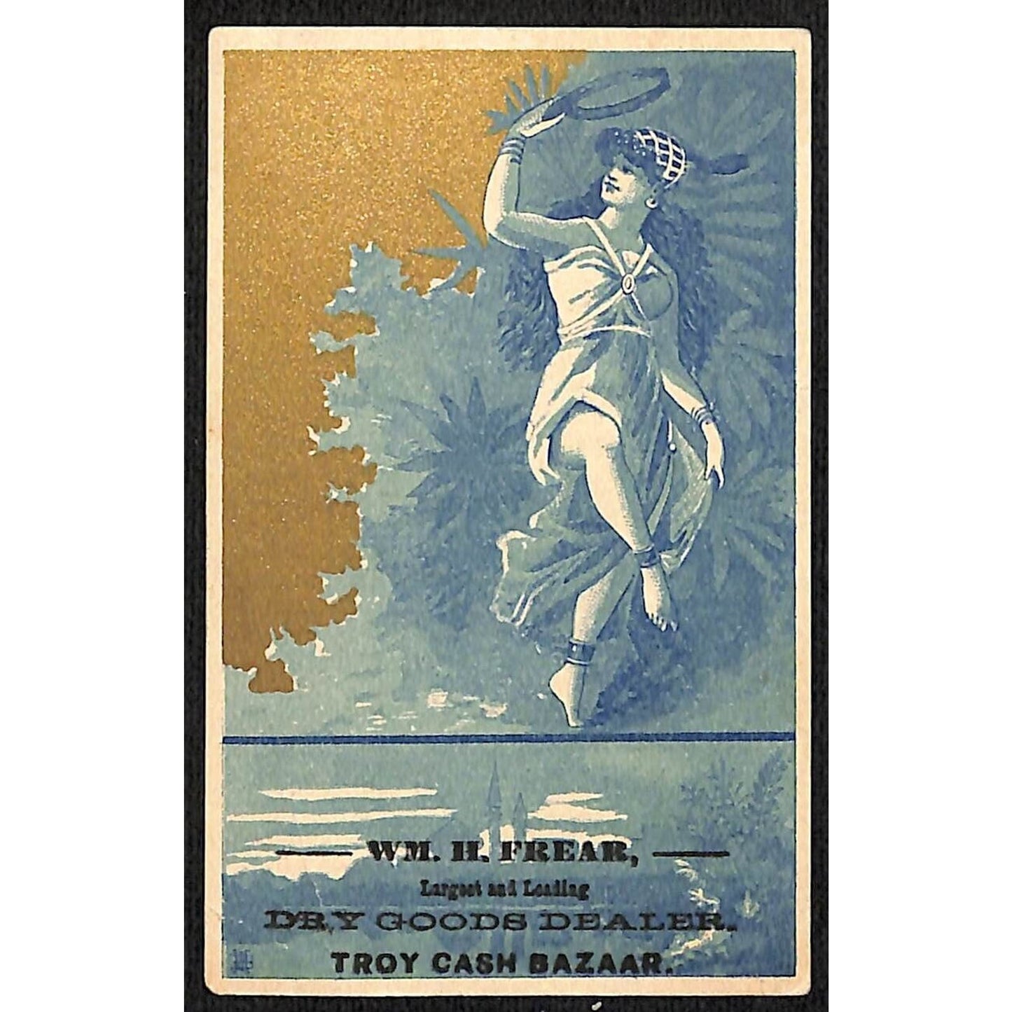Frear's Troy Cash Bazaar Dry Goods Victorian Trade Card Girl Tambourine Dances