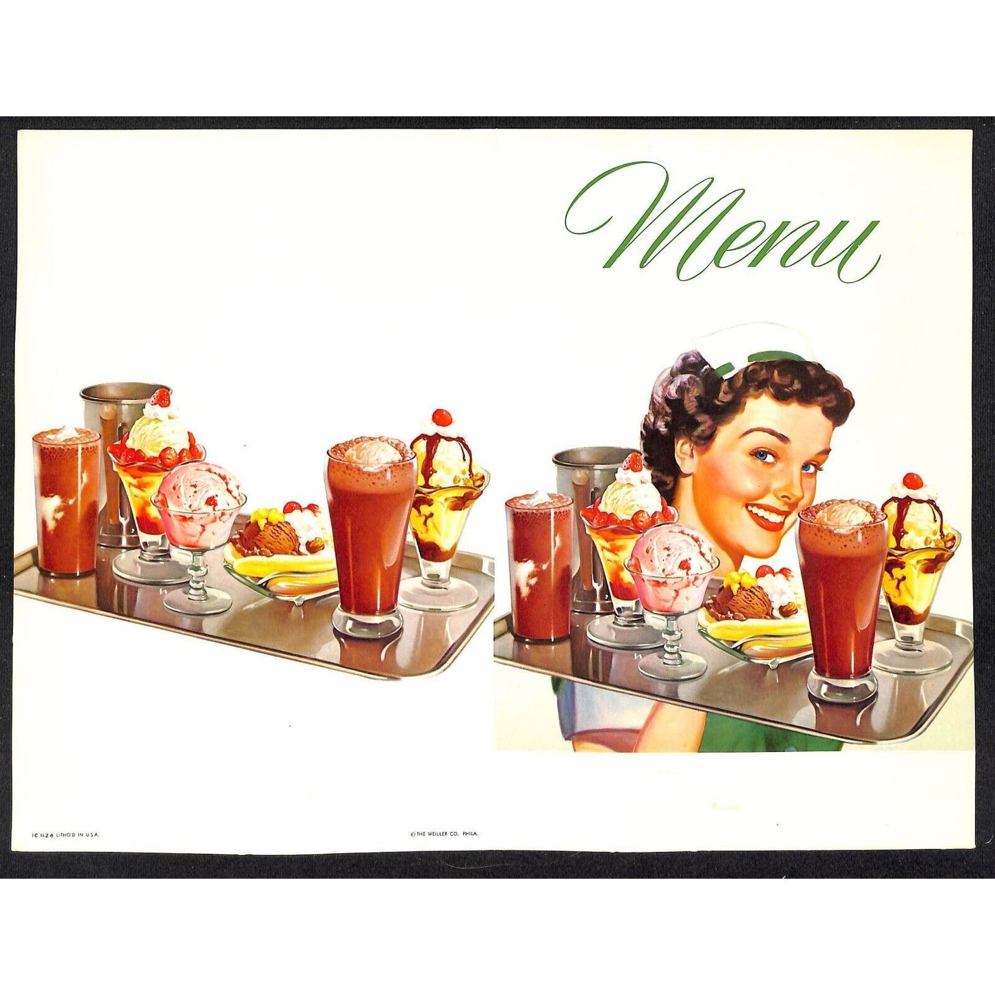 c1960's Menu Cover w/ Ice Cream Float Shake Sundae Banana Split Unused VGC